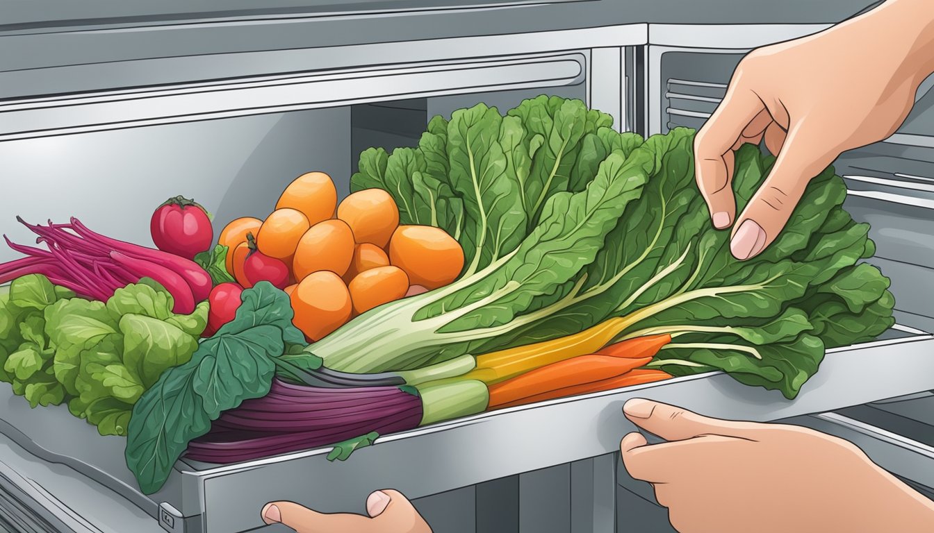 A hand reaching for a vibrant bunch of Swiss chard in a refrigerator drawer, next to other colorful vegetables