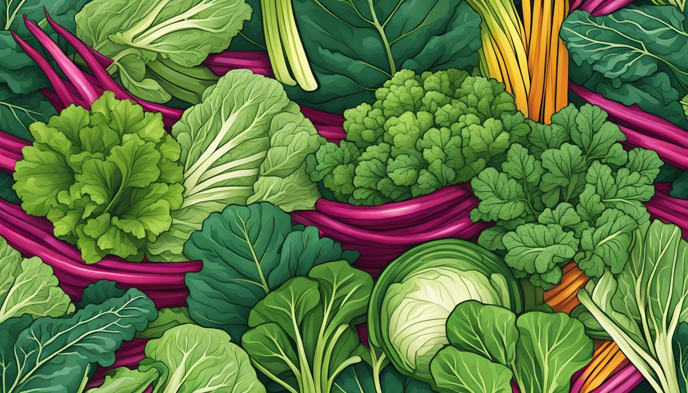 A colorful array of leafy greens, including Swiss chard, arranged in a vibrant display of freshness and variety