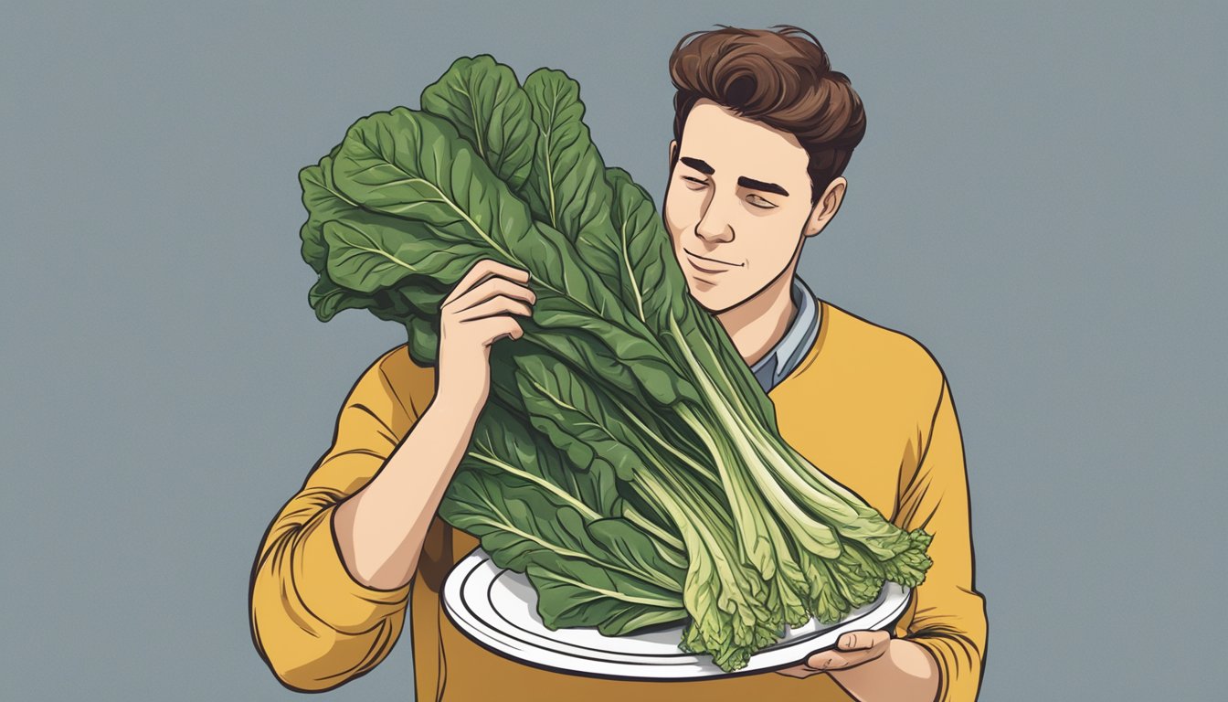 A person holding a bunch of unripe swiss chard, with a questioning expression, comparing it to a plate of cooked chard