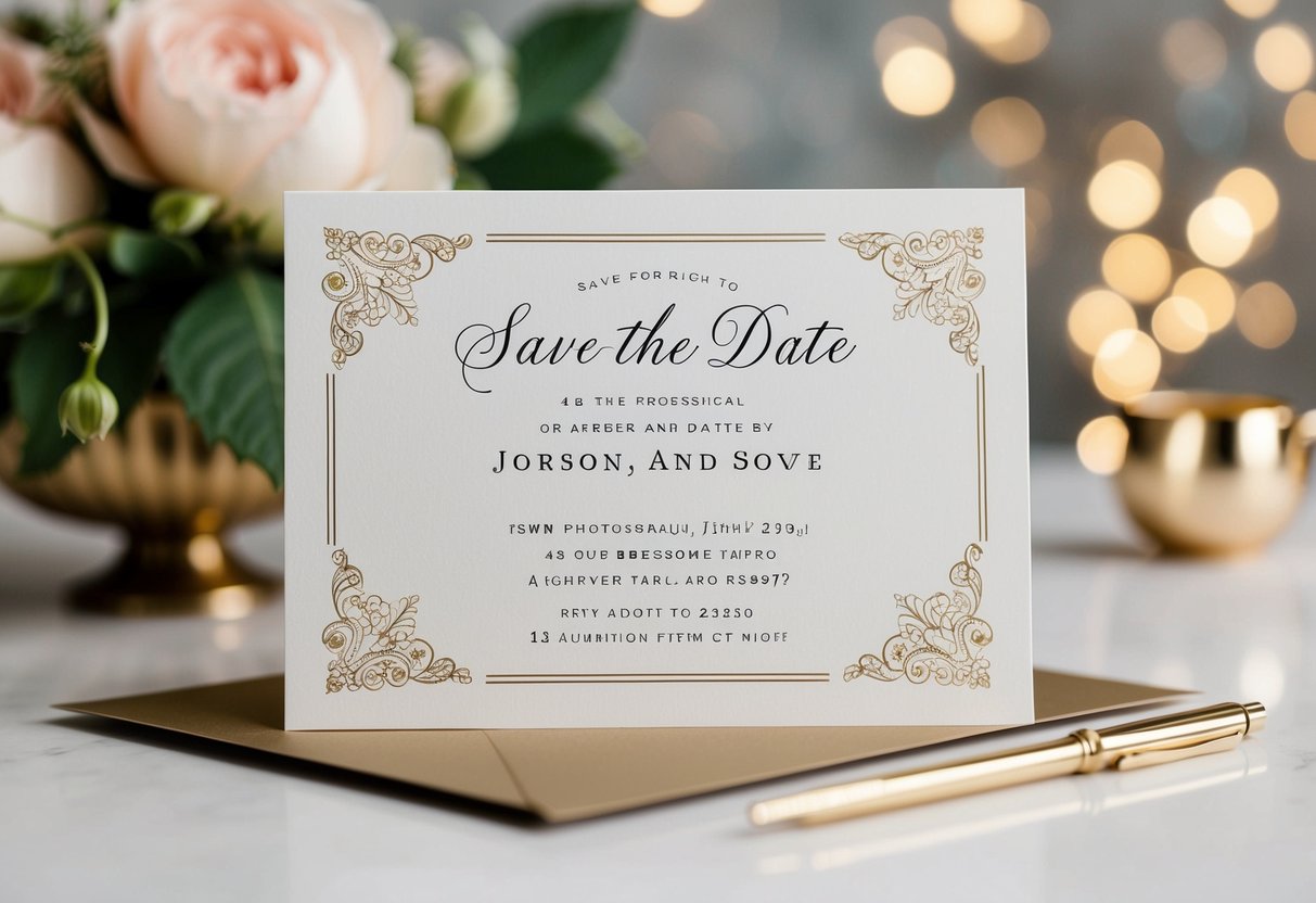 A beautifully designed save-the-date card with elegant details and a space for RSVP information