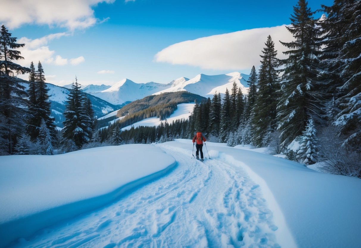 Snow-covered mountains and evergreen trees line the winding snowshoeing trails in Washington. The crisp winter air and serene landscape create a perfect setting for outdoor adventures