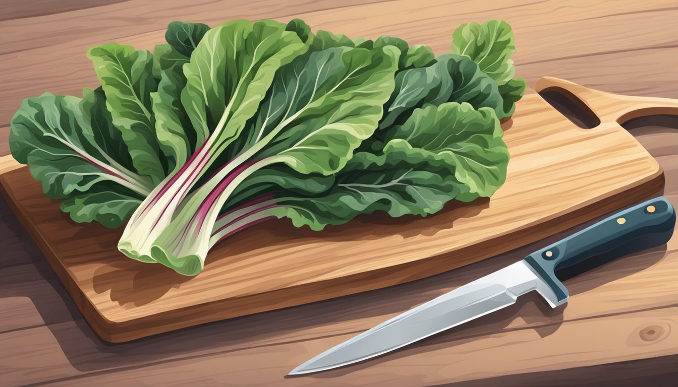 A colorful bunch of Swiss chard leaves and stems arranged on a cutting board, with a knife nearby