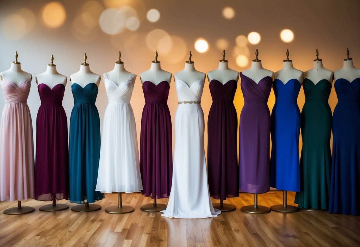 Eleven mannequins stand in a row, each wearing a different style of bridesmaid dress. The dresses range in color and length, creating a visually interesting and diverse lineup