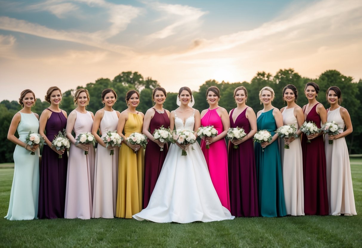 A group of 11 elegant dresses arranged in a row, each with a unique color and style, symbolizing a large bridal party