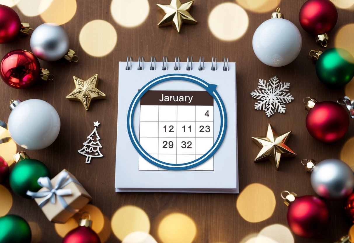 A calendar with a circle around a specific date, surrounded by festive decorations and symbols of celebration