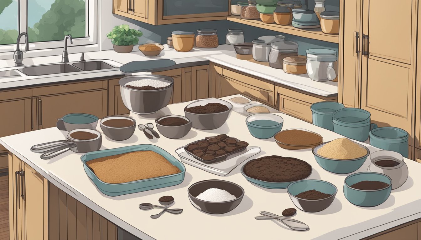 A kitchen counter with open pantry doors, various baking ingredients, mixing bowls, and utensils laid out for making brownies from scratch