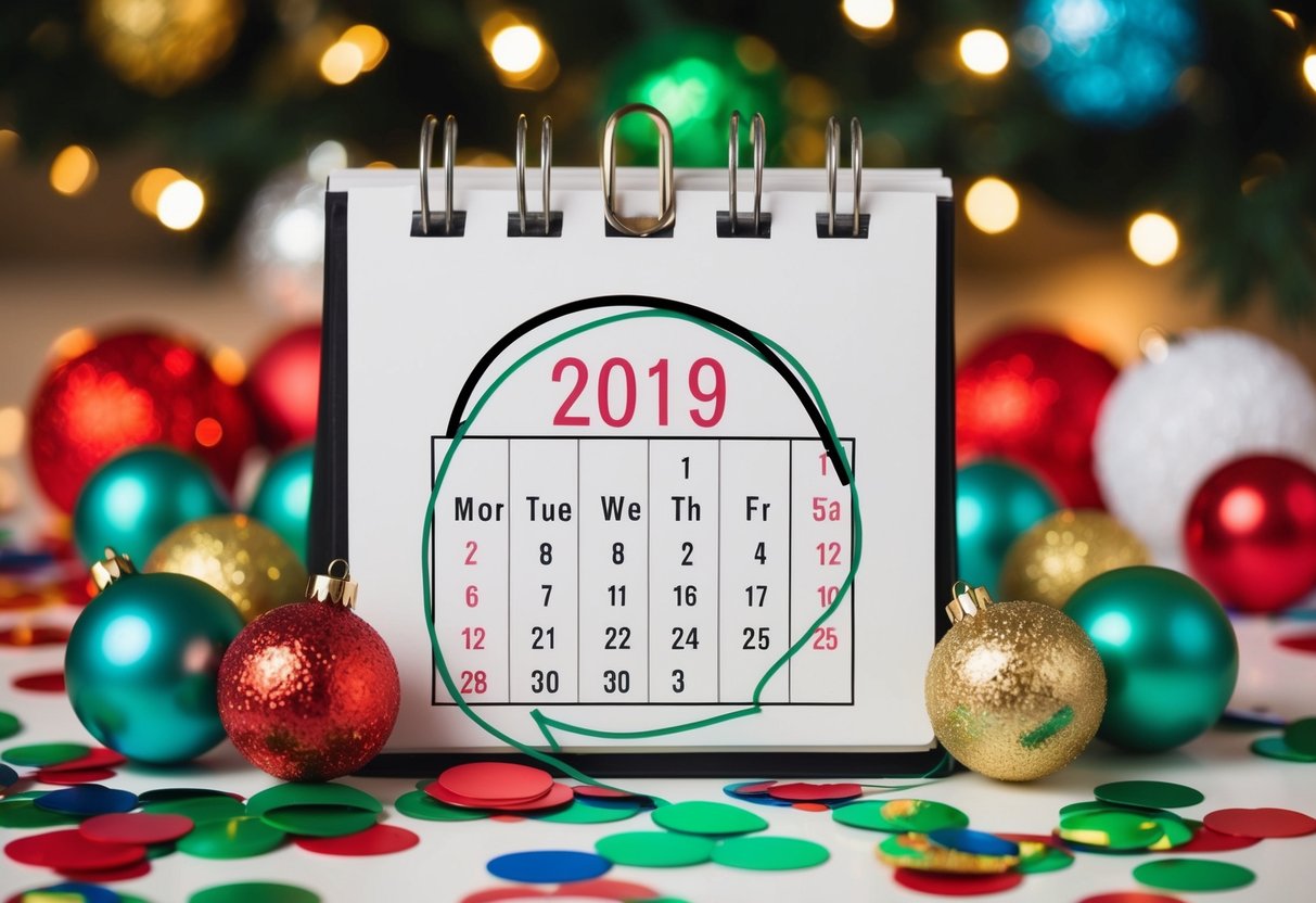 A calendar with a circled date, surrounded by festive decorations and confetti