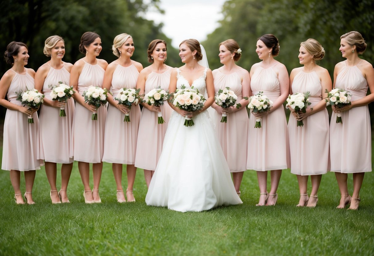 A bride surrounded by 11 bridesmaids, each holding a bouquet, standing in a line with the bride in the center