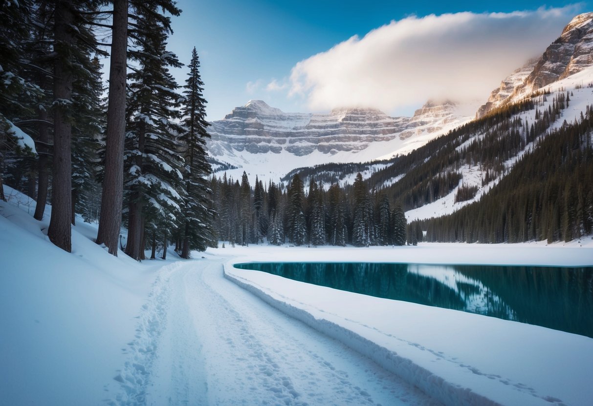 A snow-covered trail winds through a forest of tall evergreen trees, leading to a frozen lake surrounded by snow-capped mountains