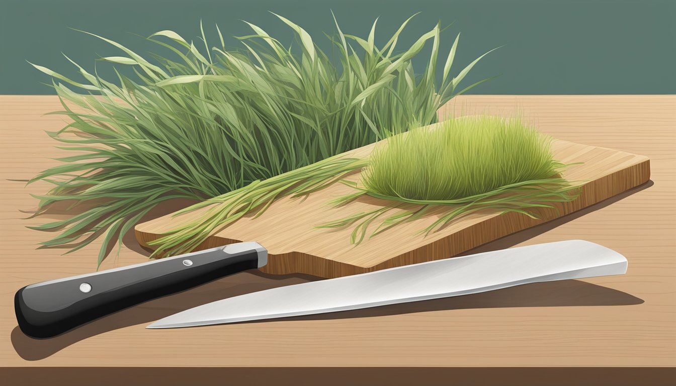 A variety of grasses arranged on a cutting board, with a chef's knife nearby