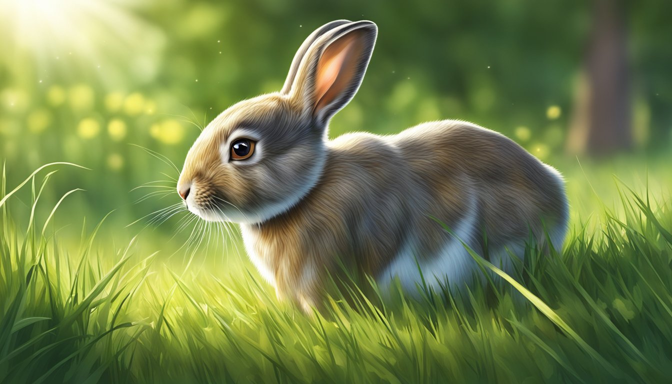 A rabbit nibbles on fresh green grass in a sunlit meadow