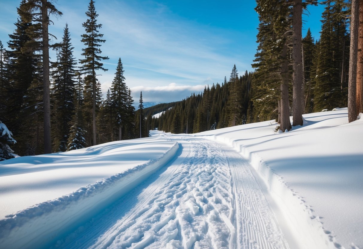 A winding trail through a snowy forest, with tall evergreen trees and a clear blue sky above. Snowshoe tracks lead into the distance