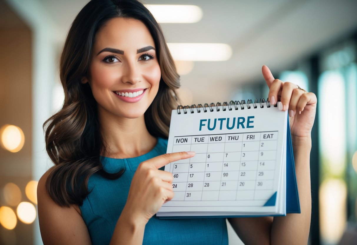 A woman holding a calendar, pointing to a date in the future