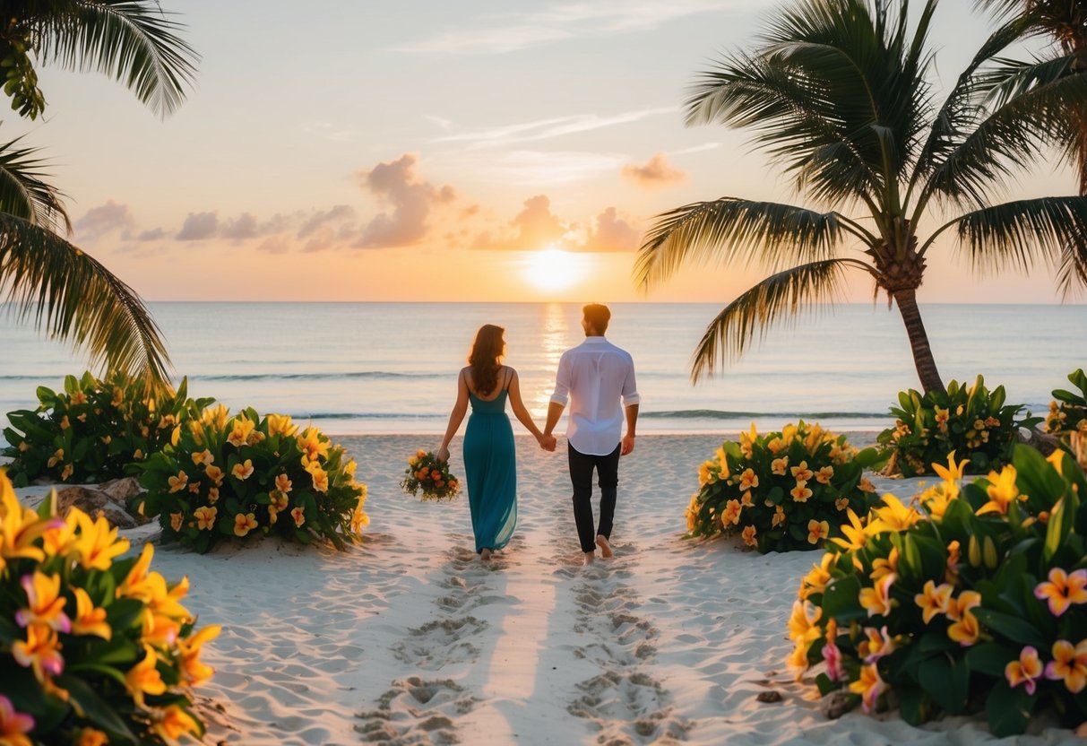 A beach at sunset with a couple's footprints in the sand leading towards the ocean, surrounded by tropical flowers and palm trees