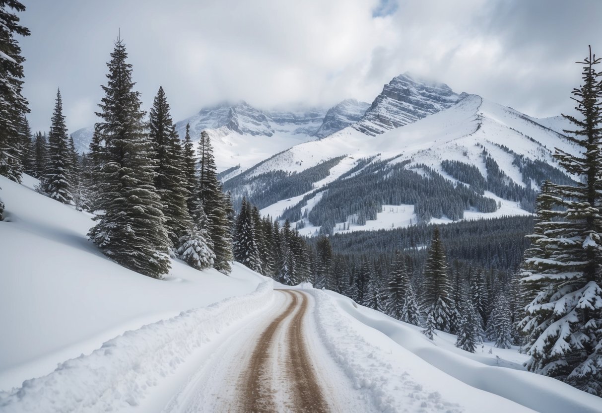 Snow-covered trail winding through pine trees with snow-capped mountains in the distance