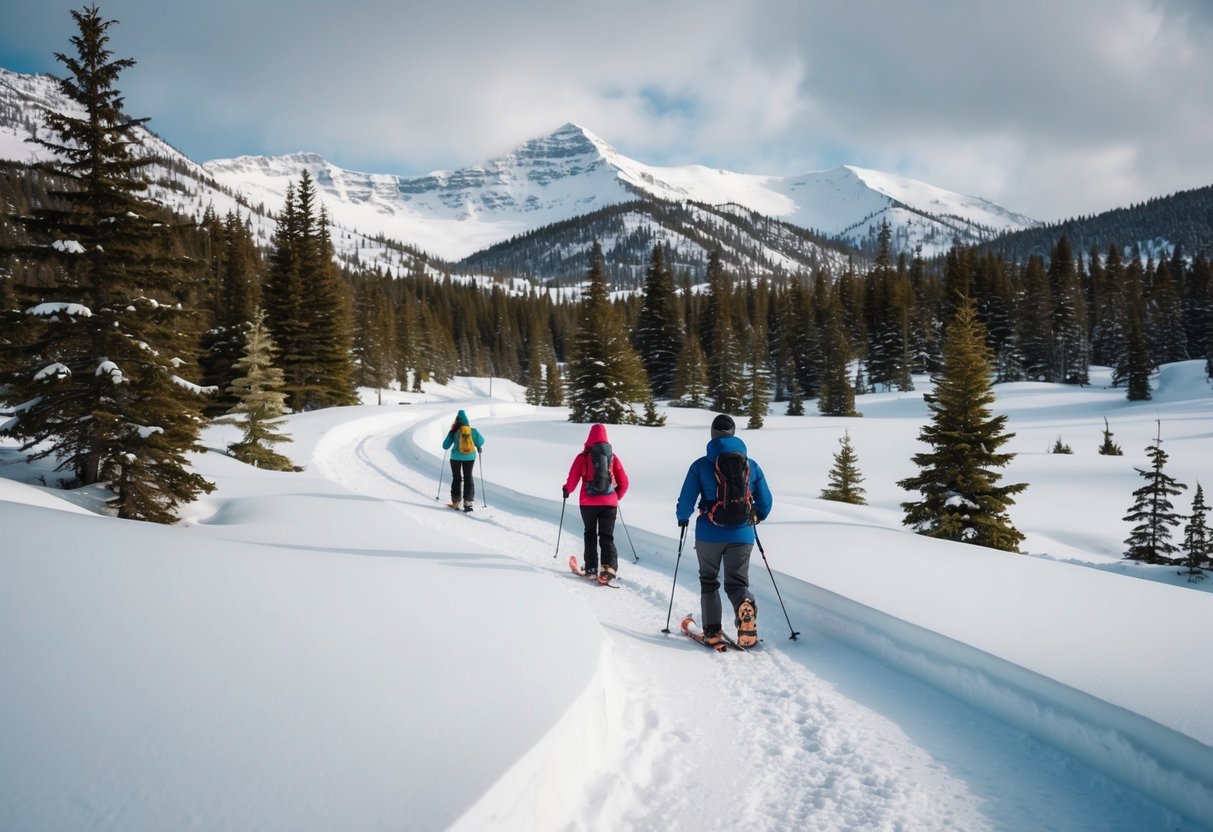 A snow-covered trail winds through a dense forest, with evergreen trees and snow-capped peaks in the background. Snowshoers trek through the serene winter landscape
