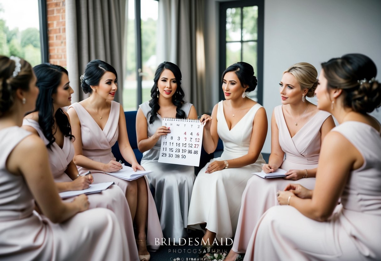 A group of bridesmaids sitting in a circle, discussing wedding plans and timelines. One bridesmaid holds up a calendar, pointing to a date several months in advance