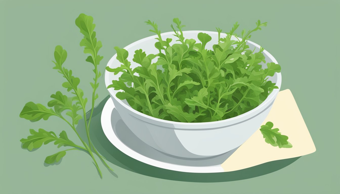 A bowl of unripe arugula with a question mark above it