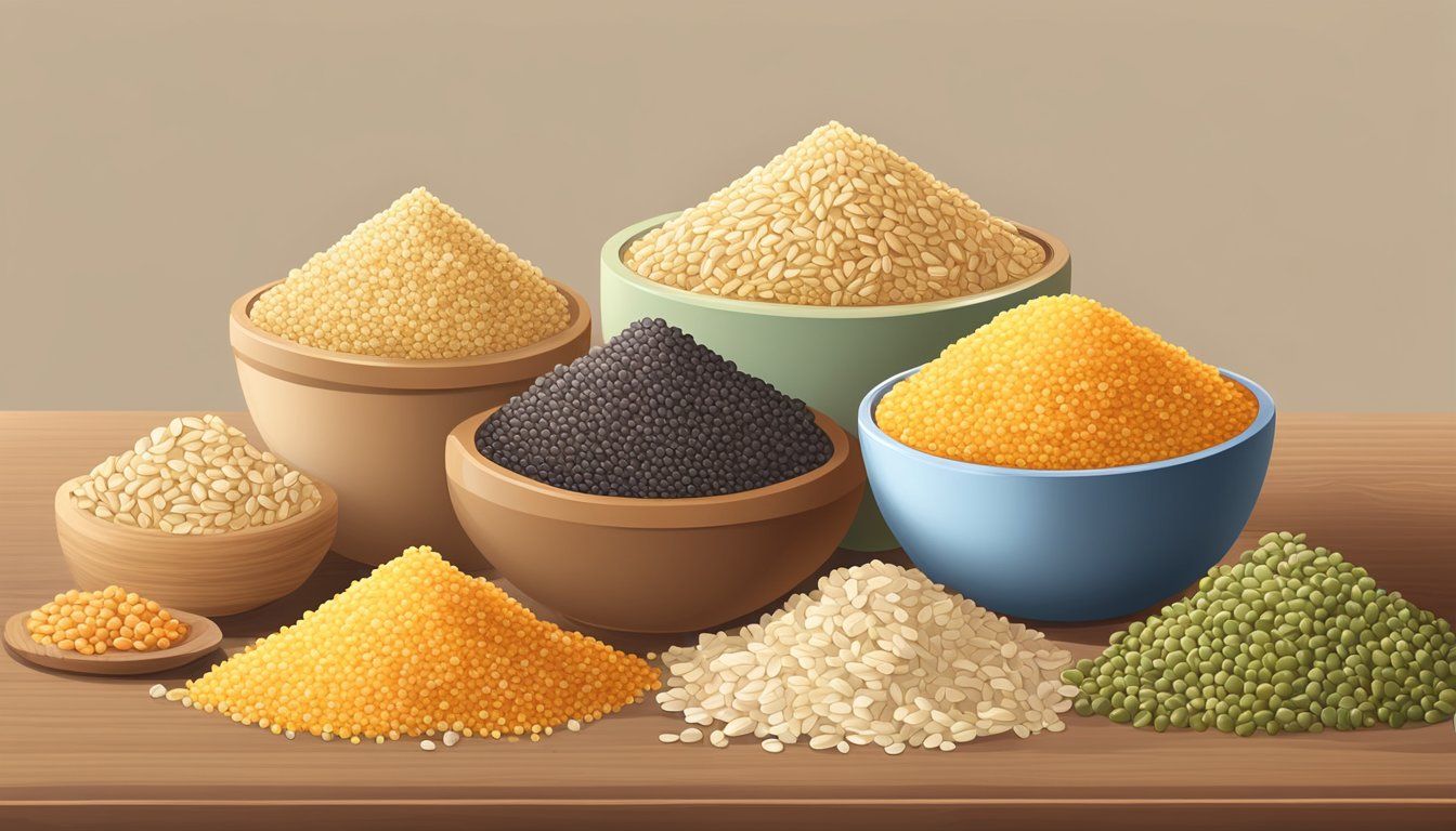 A pile of bulgur grains next to a variety of other grains, such as rice and quinoa, arranged on a wooden cutting board