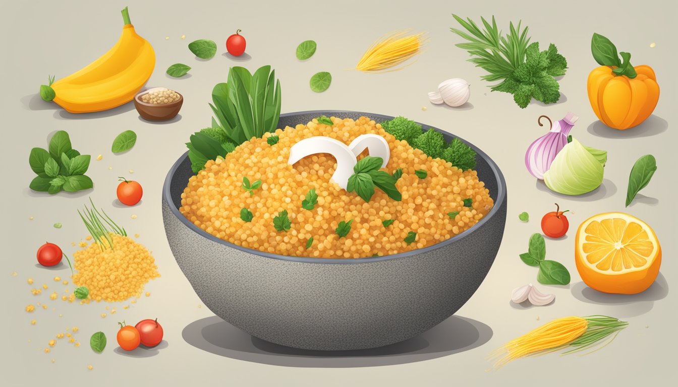 A bowl of bulgur surrounded by fresh ingredients, with a "best by" date clearly crossed out and replaced with a question mark