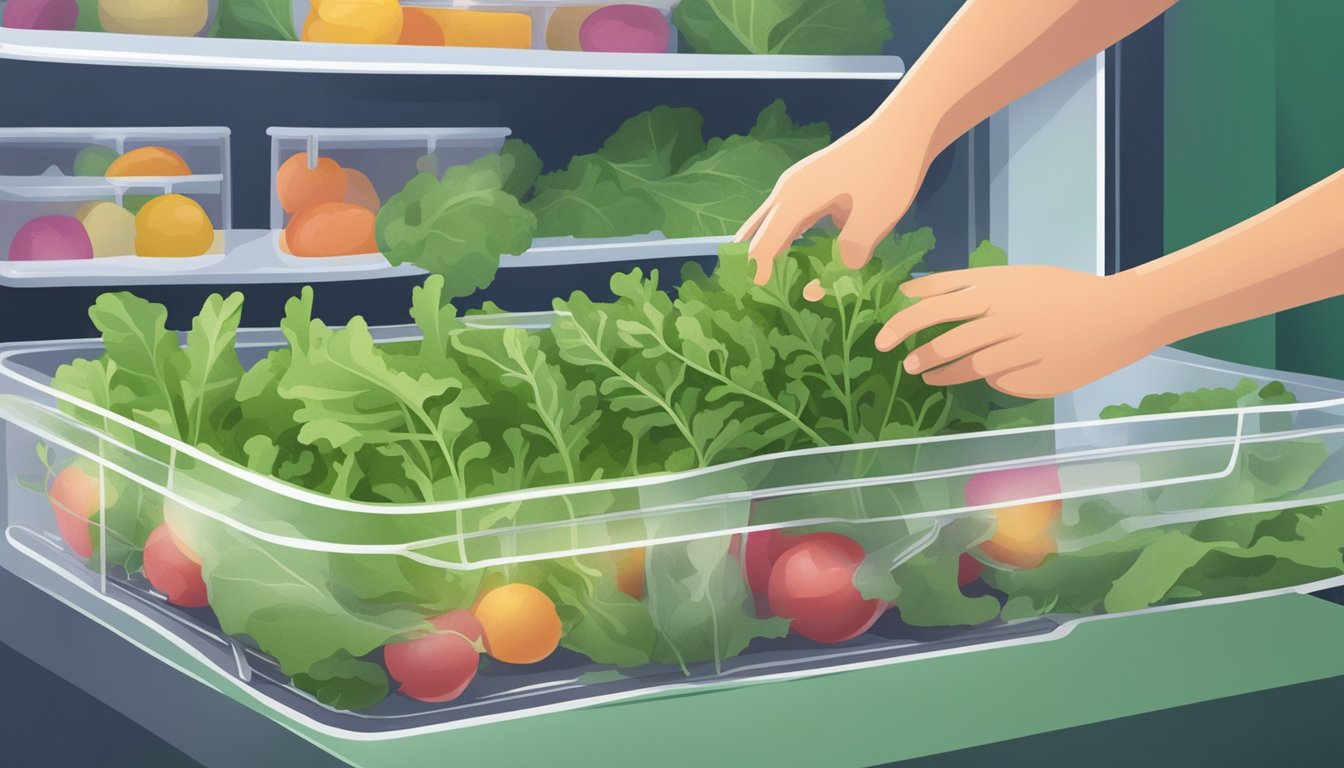 A person picking fresh arugula from a garden and placing it in a sealed container in the fridge