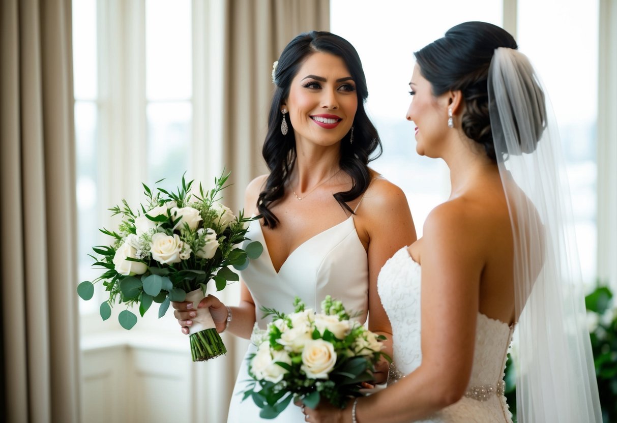 A woman stands beside the bride, holding her bouquet and offering support. She exudes confidence and grace, radiating a sense of responsibility and loyalty