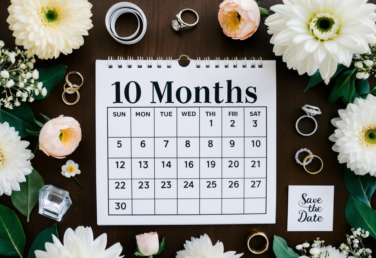 A calendar with the date 10 months in advance circled, surrounded by various wedding-related items such as flowers, rings, and a save-the-date card