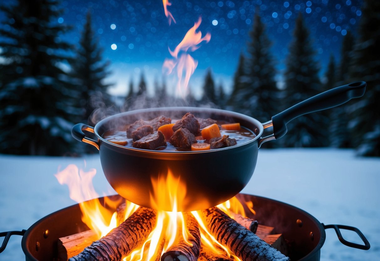 A steaming pot of hearty beef stew simmering over a crackling campfire, surrounded by snowy pine trees and a starry winter sky