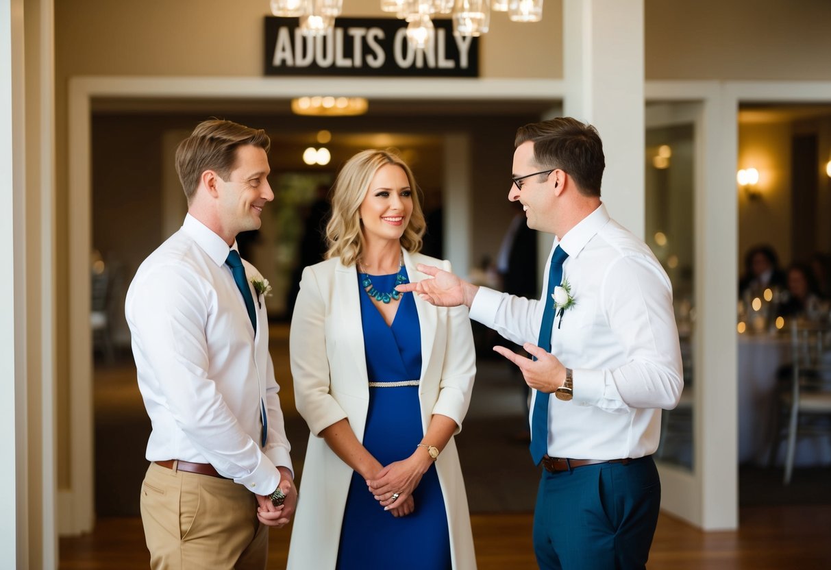 A couple stands at a wedding venue, discussing with a planner. The planner gestures to a sign indicating "Adults Only" with a smile