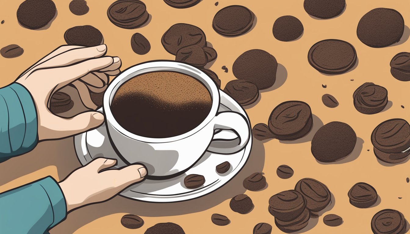 A person holding a cup of coffee, with a question mark hovering over a pile of coffee grounds