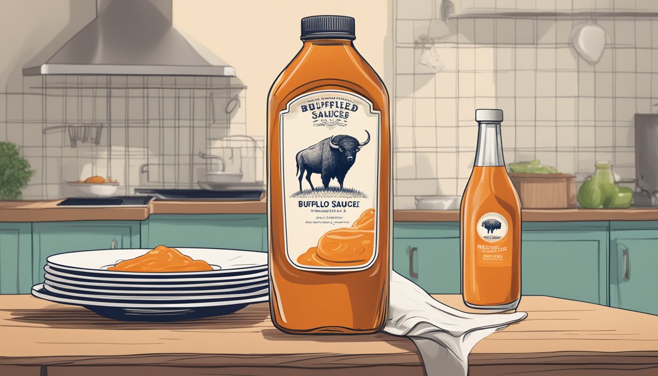 A bottle of expired buffalo sauce sits on a kitchen counter, surrounded by empty plates and napkins. The label is faded, and the liquid inside appears separated