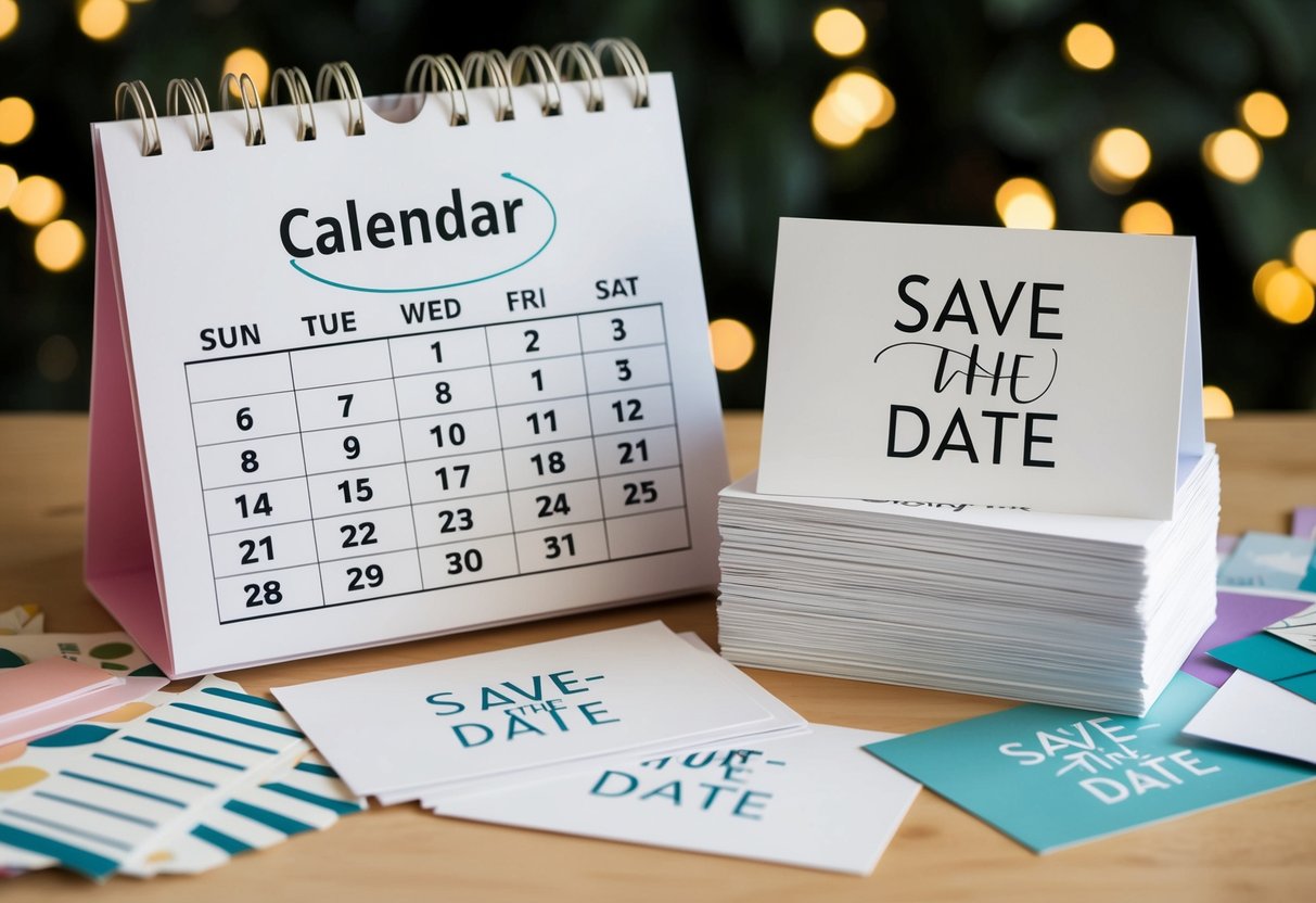 A calendar with the current date circled and a stack of blank save-the-date cards with various design materials scattered around