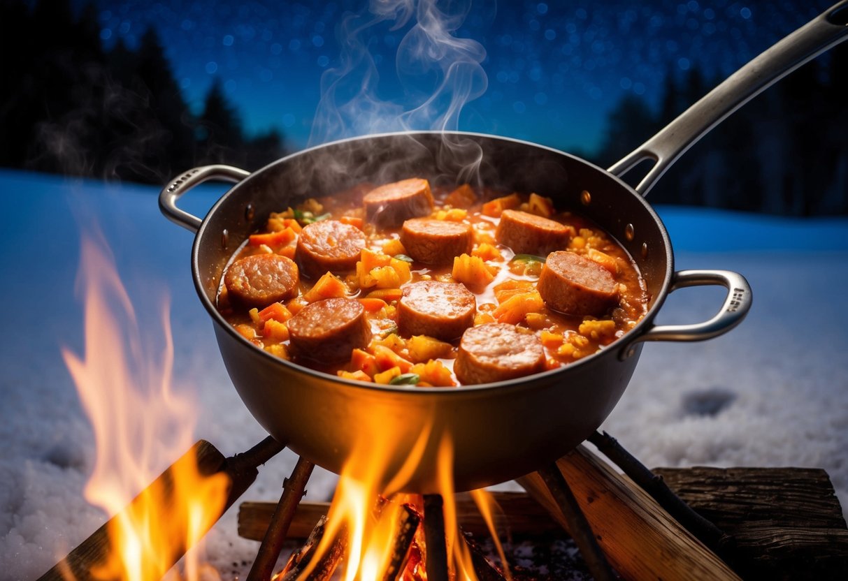 A steaming pot of spicy sausage jambalaya simmering over a crackling campfire under a starry winter sky