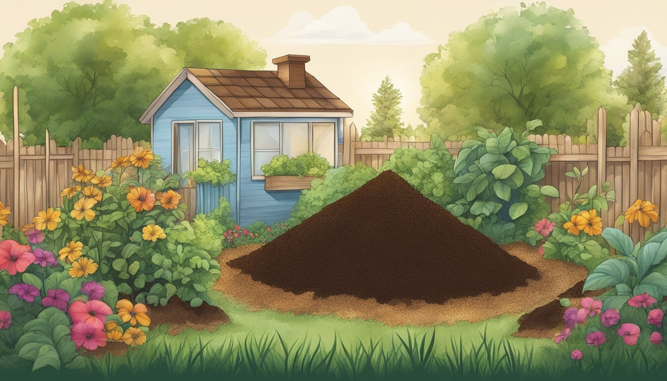 A garden scene with coffee grounds sprinkled around plants and used as compost