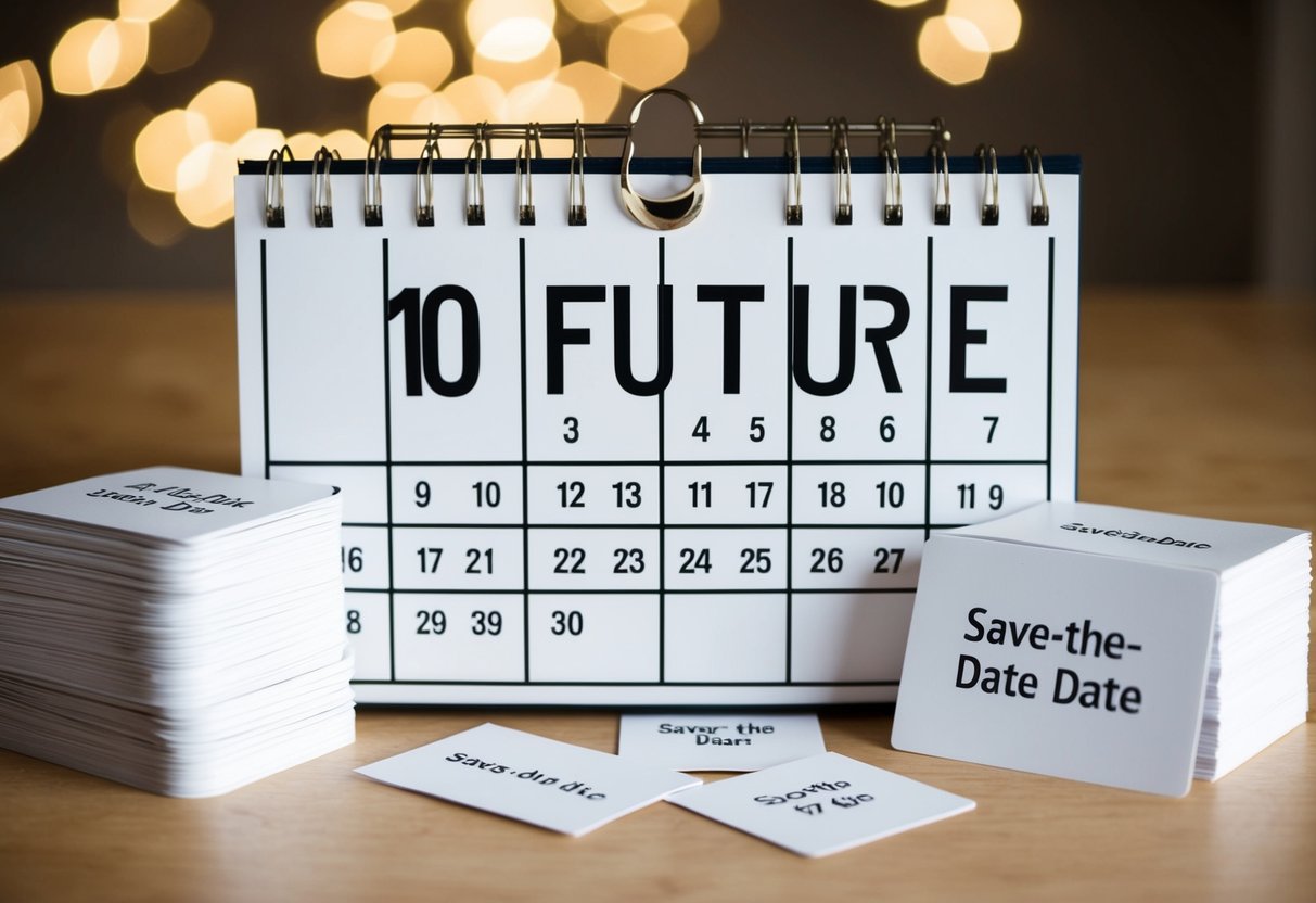 A calendar with the date 10 months in the future circled, surrounded by a stack of save-the-date cards and a list of potential guests