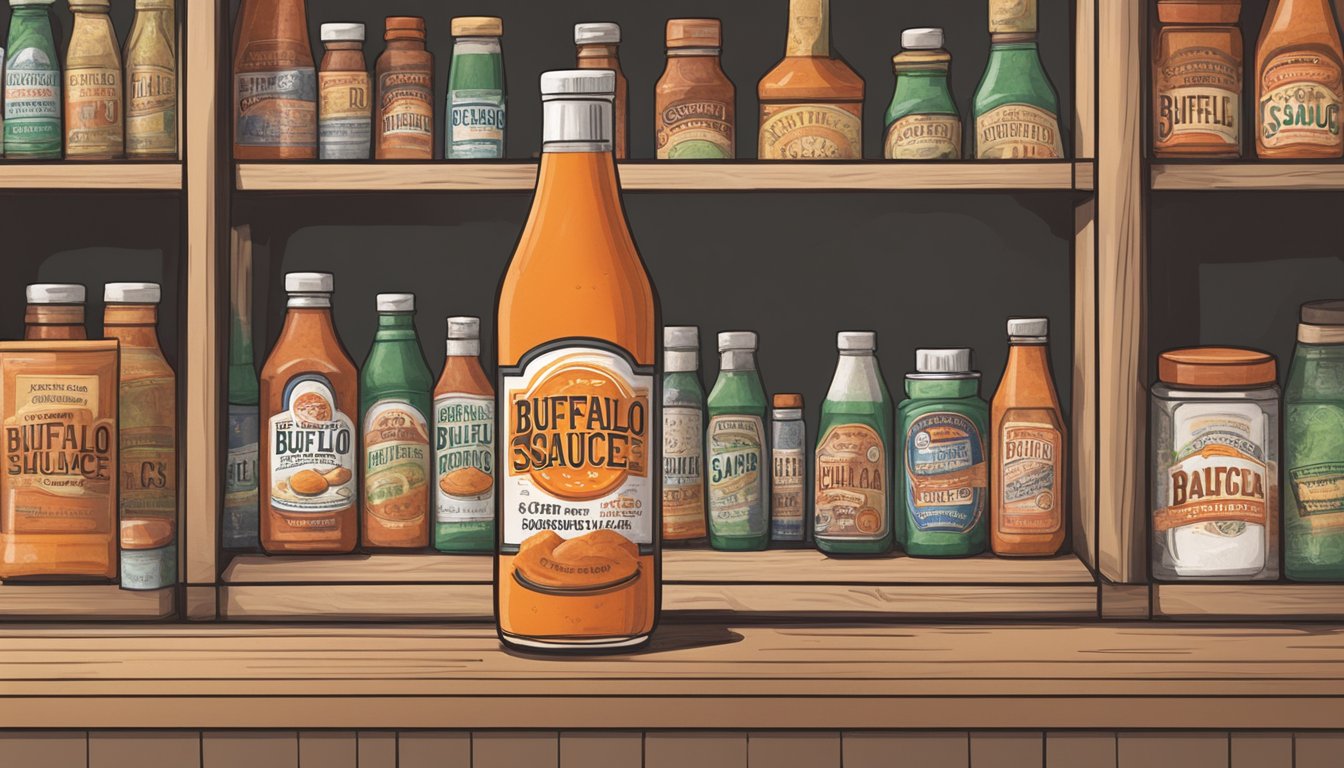 A bottle of expired buffalo sauce sits on a shelf, surrounded by other condiments. The label is faded and the liquid inside appears separated