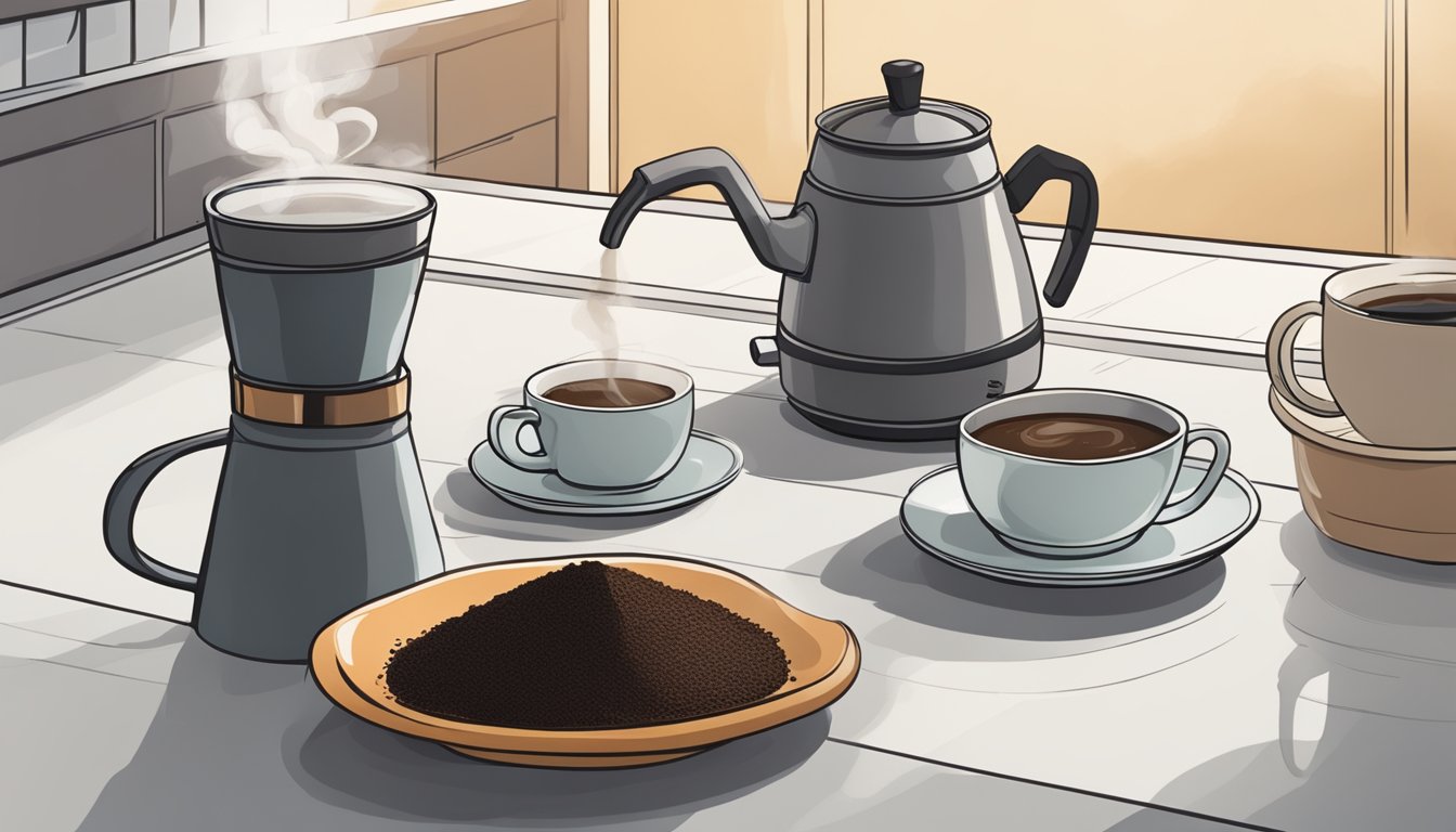 A bag of coffee grounds sits next to a cup and saucer on a kitchen counter. The steam rises from the cup, indicating that the coffee is freshly brewed