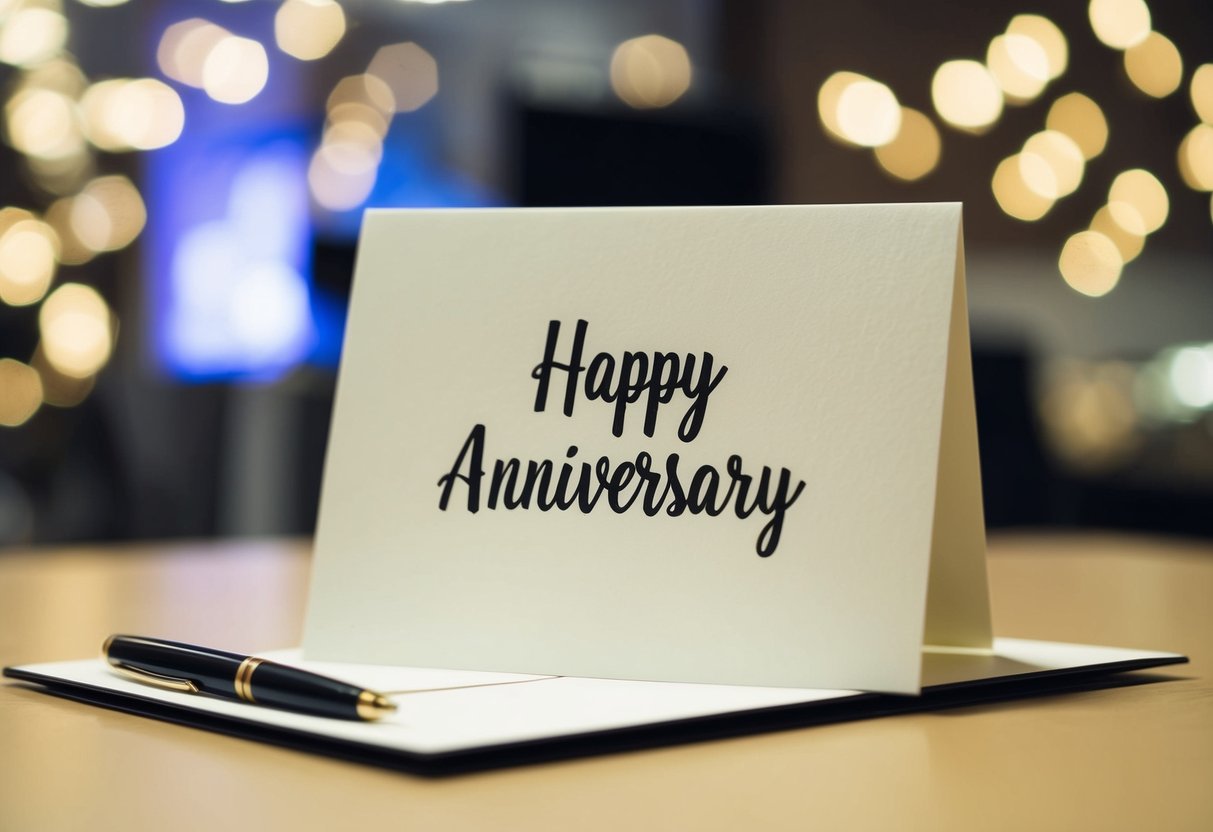 A card with "Happy Anniversary" on the cover, a pen, and a table