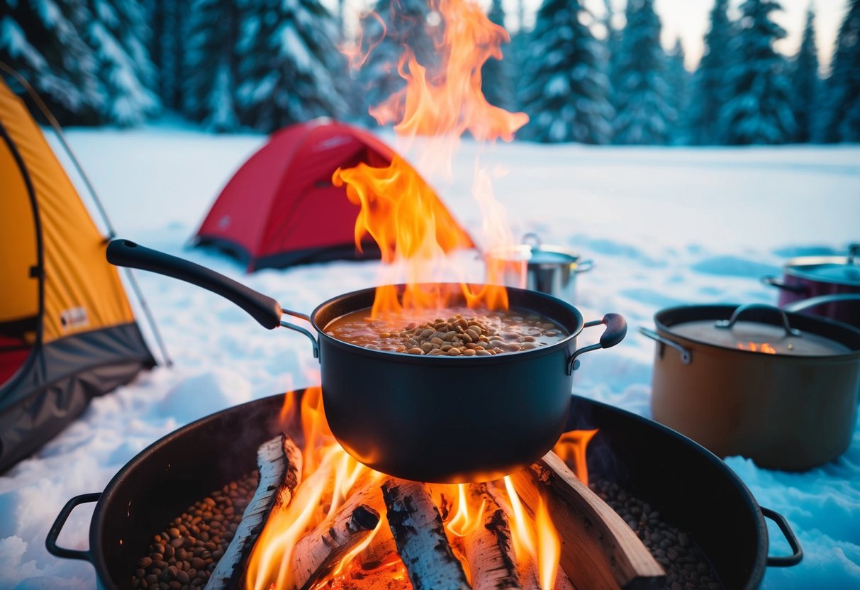A steaming pot of Moroccan lentil soup simmering over a campfire, surrounded by snowy trees and a cozy camping setup