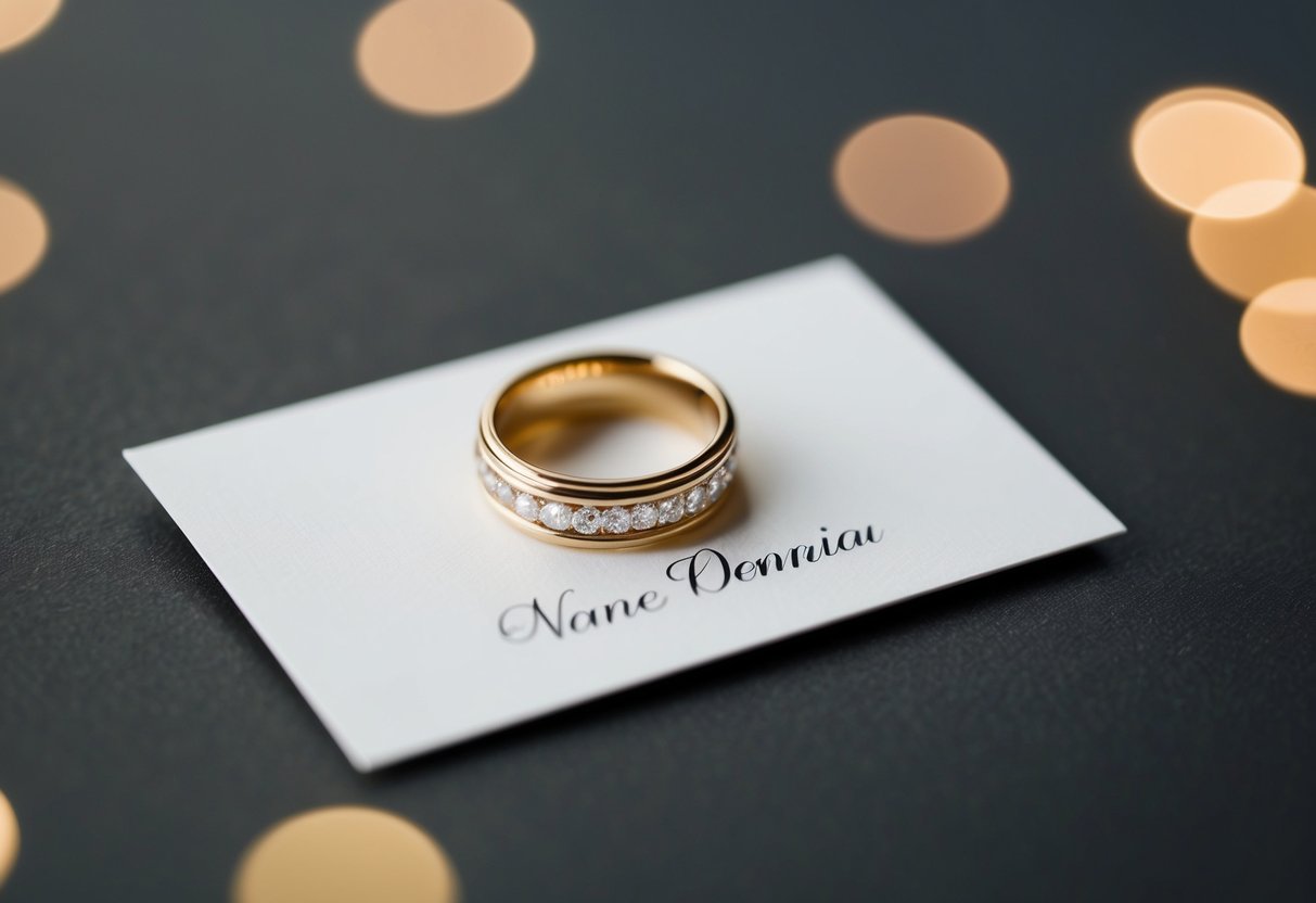 A wedding ring on a card, with one name written above the other