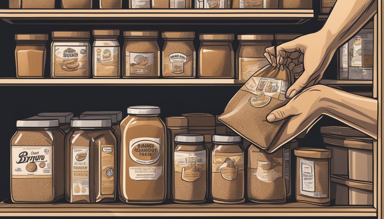 A hand reaching for a bag of expired brown sugar on a cluttered pantry shelf, with visible signs of clumping and discoloration