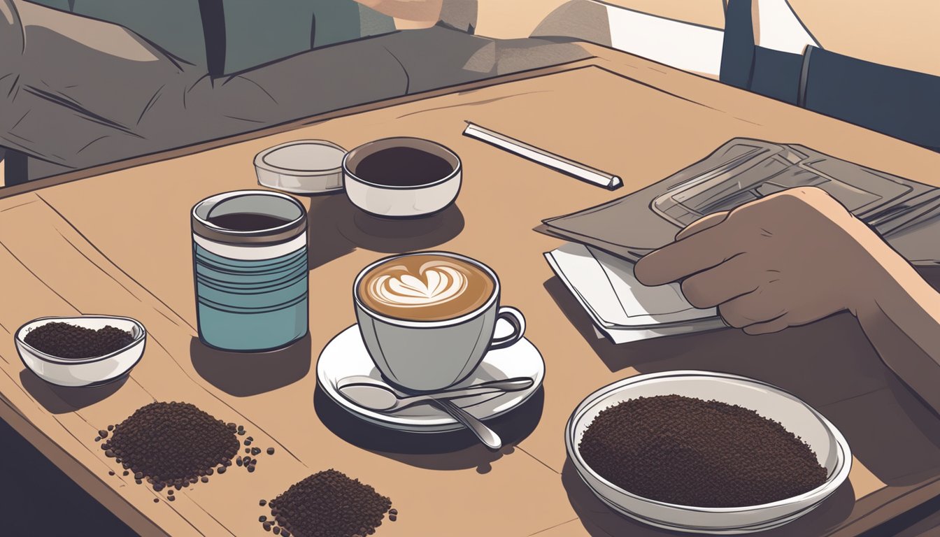 A person holding a cup of coffee and inspecting a pile of coffee grounds on a table. They are looking closely at the grounds with a thoughtful expression