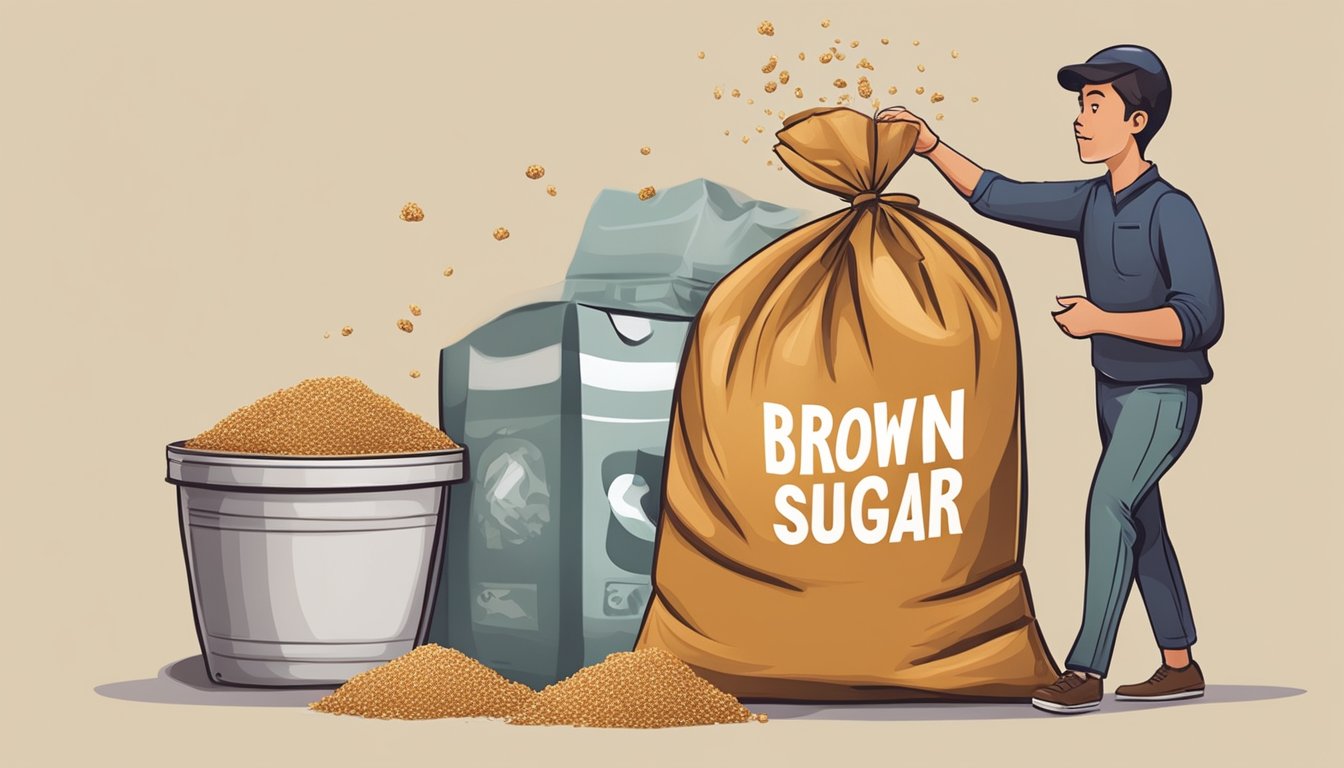 A person throwing away a bag of expired brown sugar