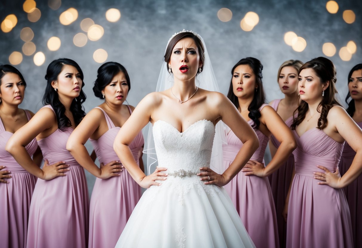 A bride holding a dress, surrounded by unhappy bridesmaids with their hands on their hips, looking at the dress with disapproval