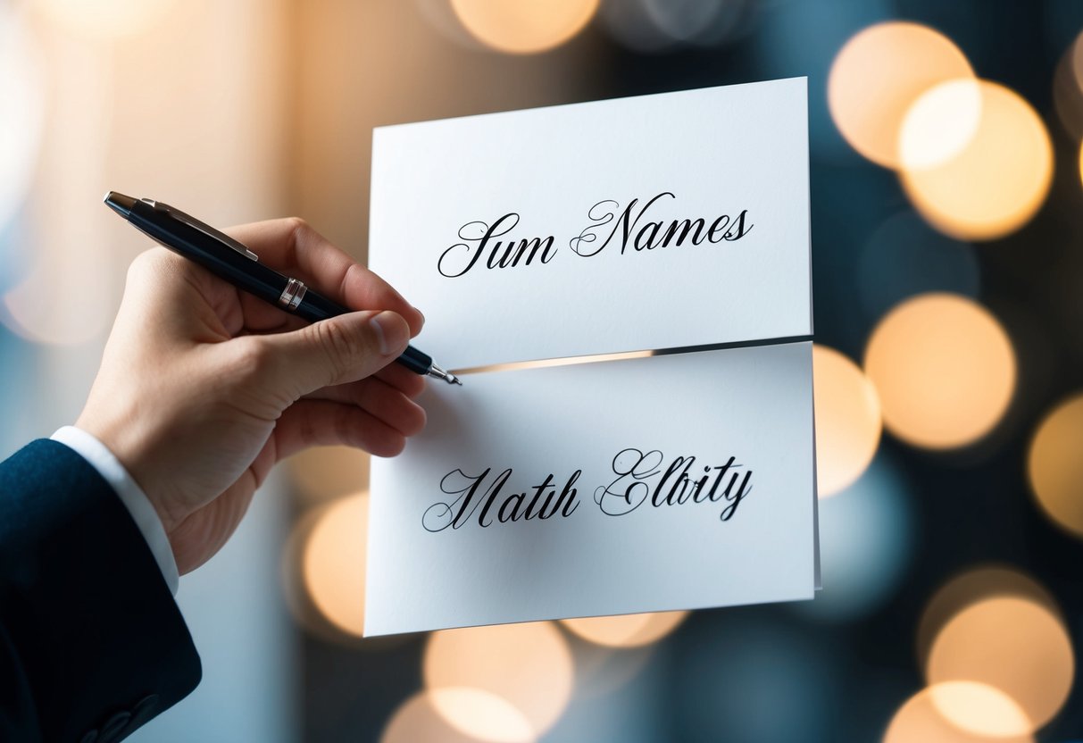A hand holding a pen hovers over a blank greeting card, with two names written in elegant script, one above the other