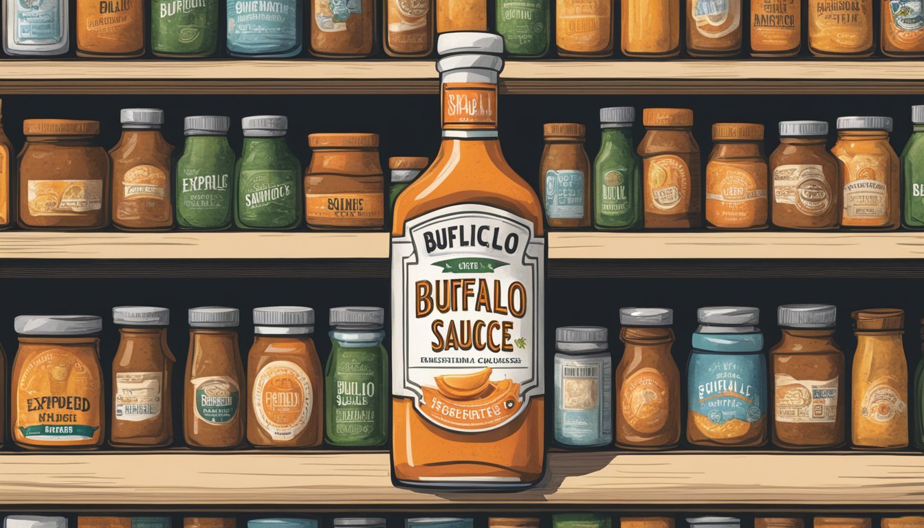 A bottle of expired buffalo sauce sits on a shelf, surrounded by other condiments. The label is faded and the liquid inside appears separated and discolored