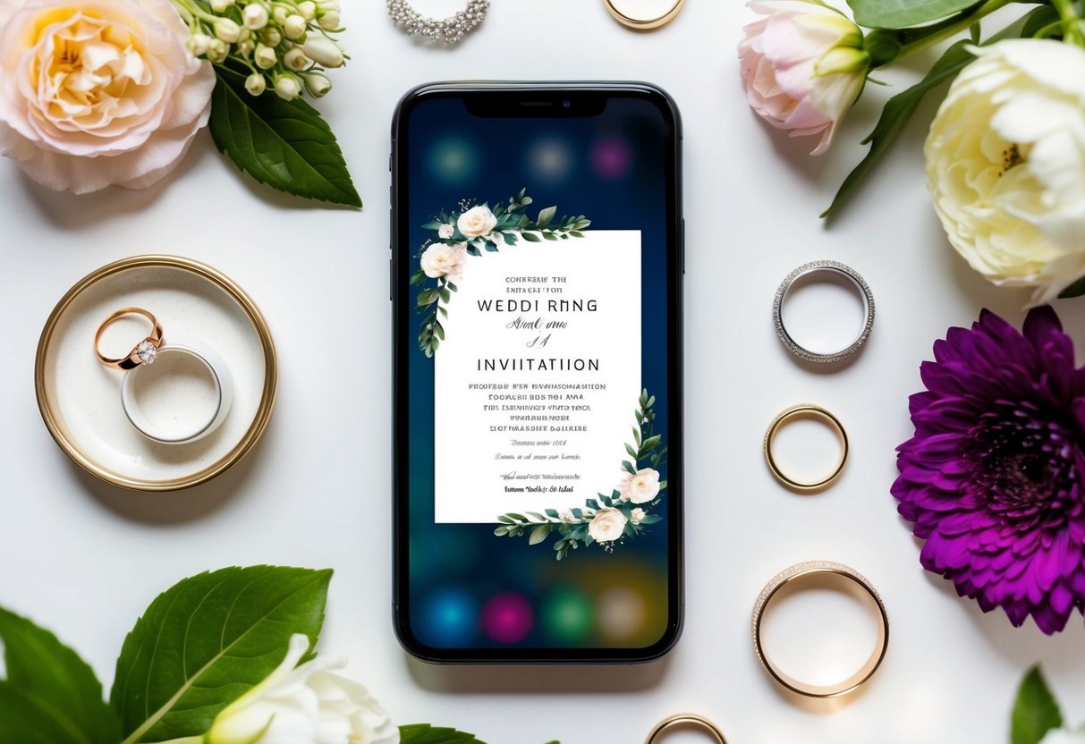 A smartphone with a wedding invitation displayed on the screen, surrounded by decorative elements like flowers and wedding rings