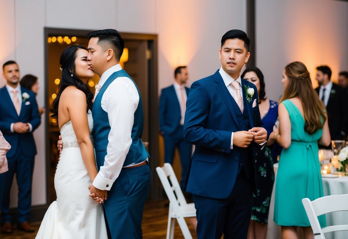 A couple stands at a wedding reception, one looking uncomfortable as the other chats with friends. The empty chair next to them hints at an uninvited partner