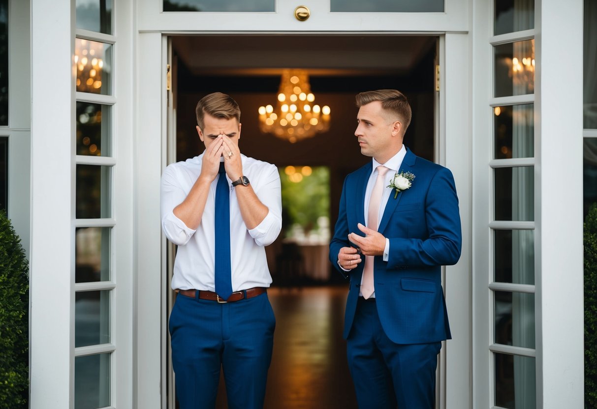 A couple stands at the entrance to a wedding venue, one looking disappointed as the other tries to explain the situation