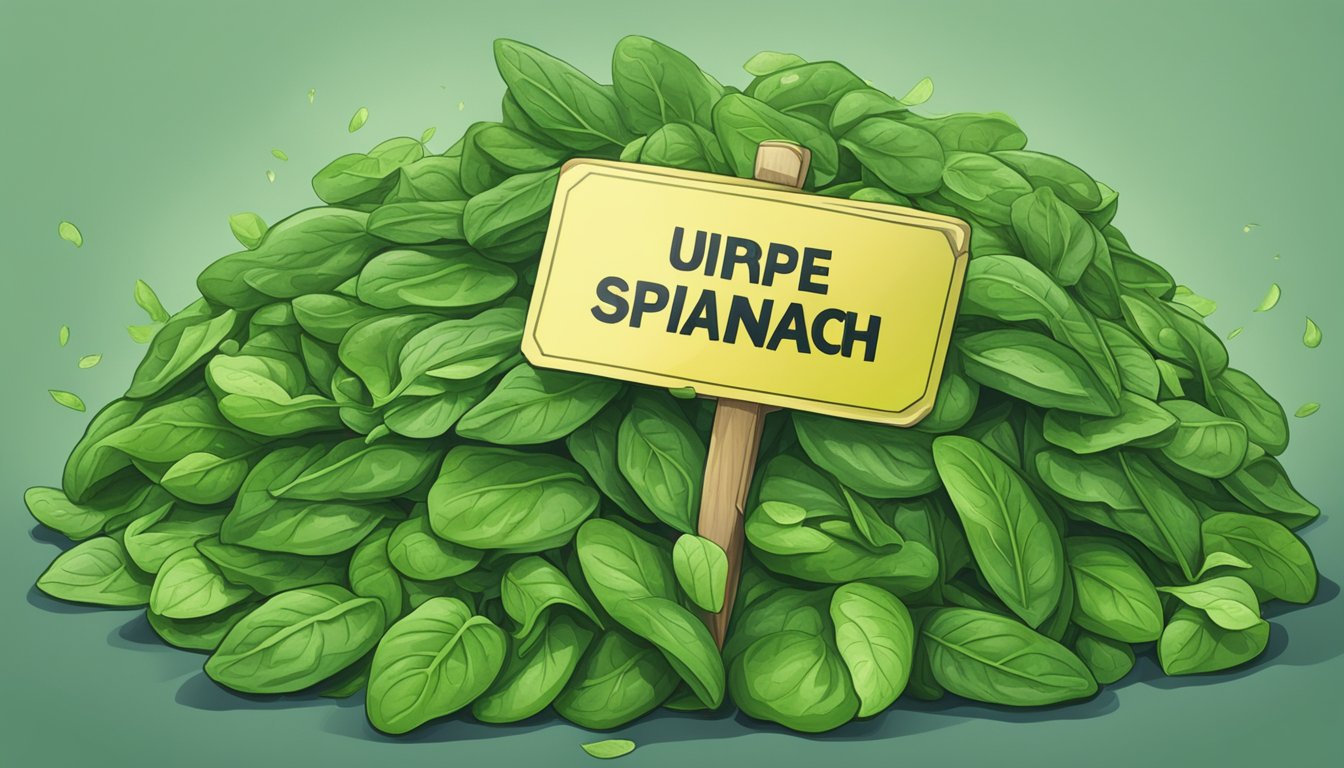 A pile of unripe spinach leaves with a caution sign next to it